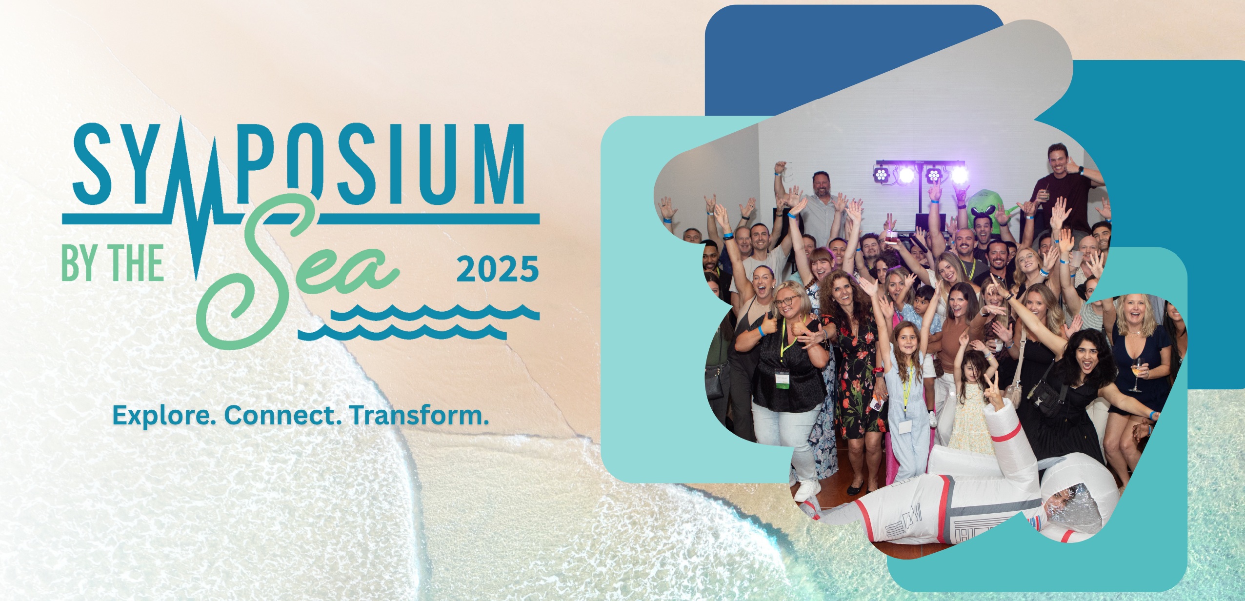 Symposium by the sea 2025. Group of people with their hands up.
